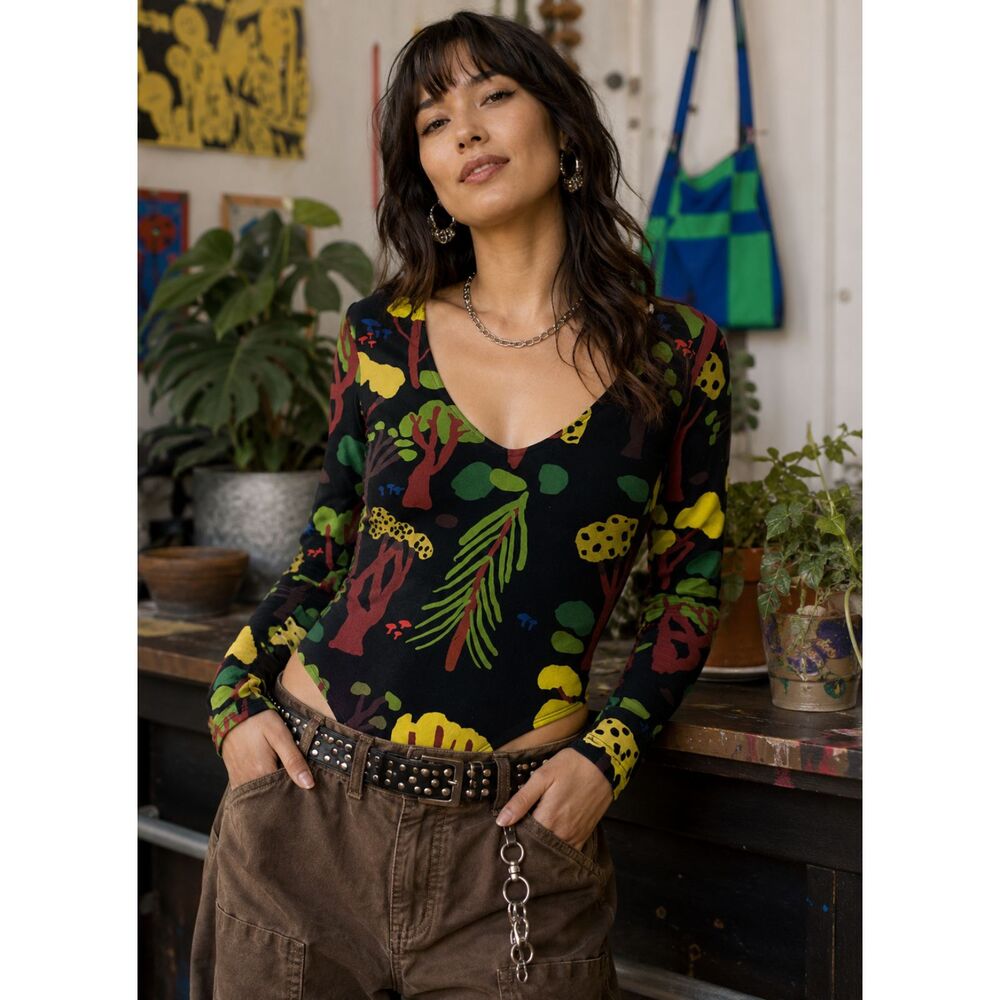 NOOWORKS Multicolor Floral Long Sleeve Bodysuit Top Shirt   Women's Size Small